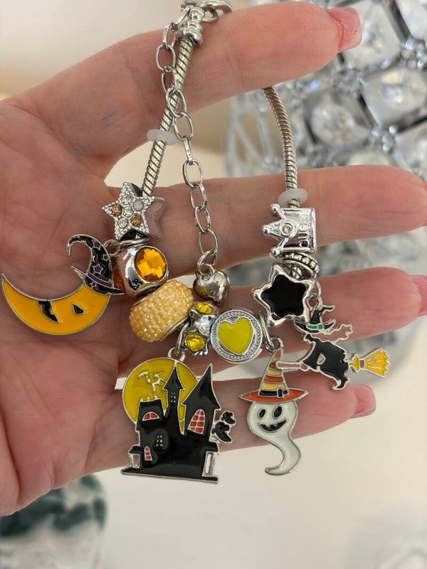 Halloween - Silver Tone Charm Bracelet  Halloween Dangle  Black House Ghost Moon