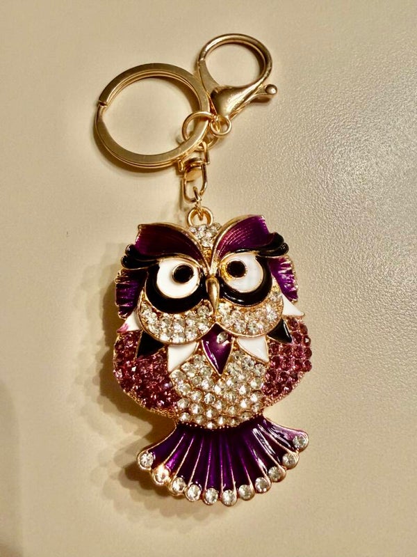 This & That - Rhinestone Owl Bag Charm Key Chain Keyring, Purple & Gold Tone Metal Bling