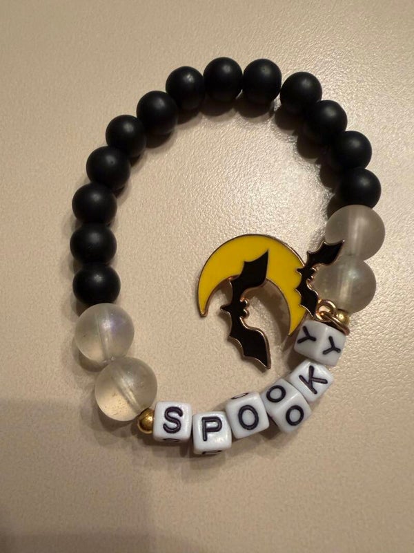 Halloween - Halloween Stretch Beaded Bracelet Black Clear Round Beads Bat Moon Dangle Charm