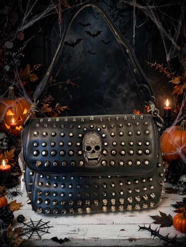 Halloween - Black Studded Skull Zip Shoulder Bag Detachable Adjustable Strap