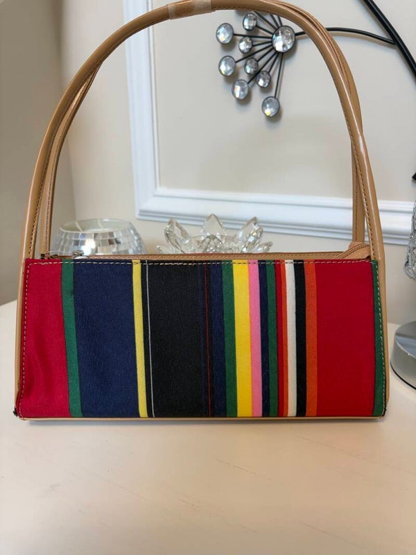 Bag - Multicolor Striped Zip Shoulder Bag Beige Strap Gold Hardware Lined