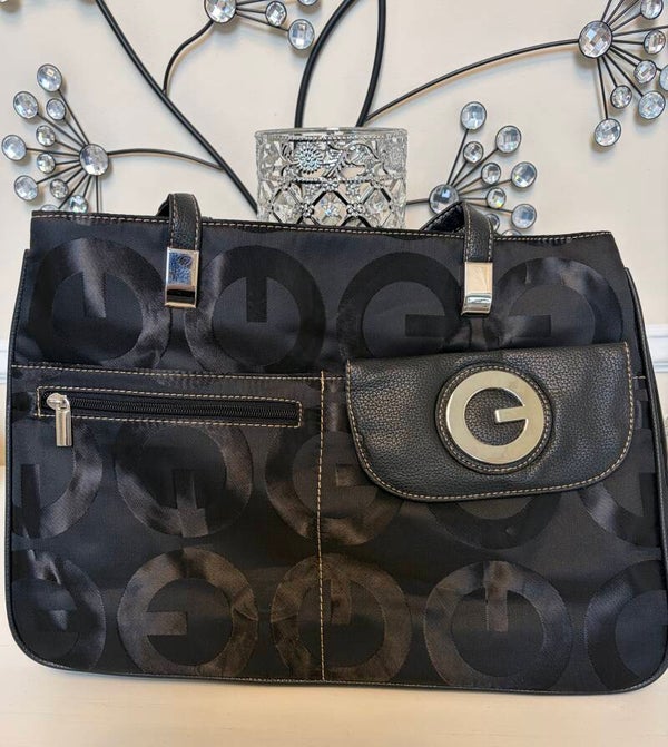 Bag - Black Fabric Zip Tote Bag Silver Hardware Double Handles Pockets