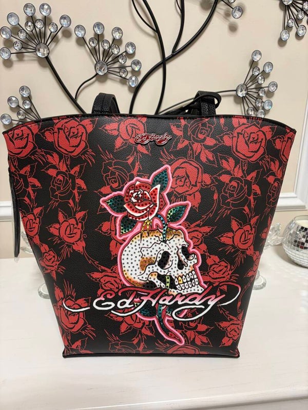 Halloween - Ed Hardy Black Red Rose Skull Tote Bag Magnetic Closure Charm