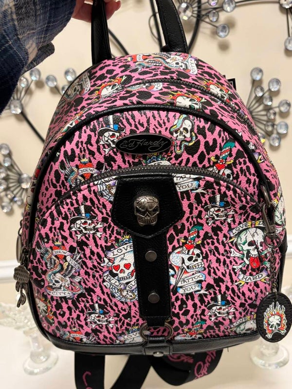 Halloween - Ed Hardy Pink Black Leopard Skull Mini Backpack Zip Top Handle Adjustable Strap
