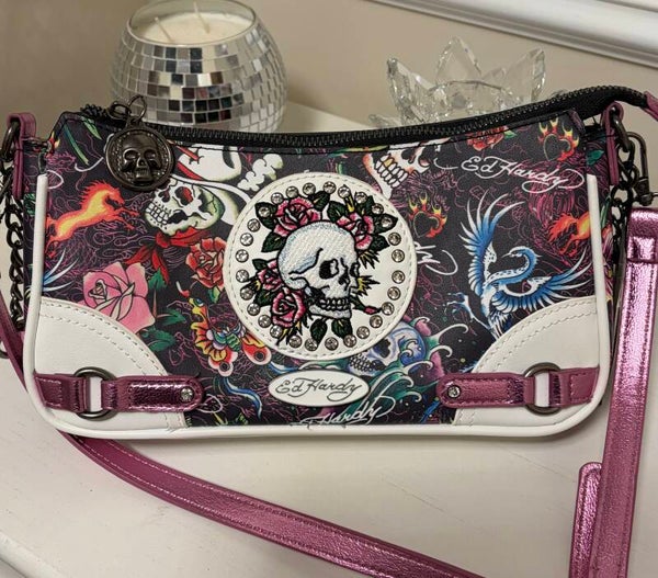 Halloween - Ed Hardy Multicolor Floral Skull Rhinestone Zip Shoulder Bag Pink Strap