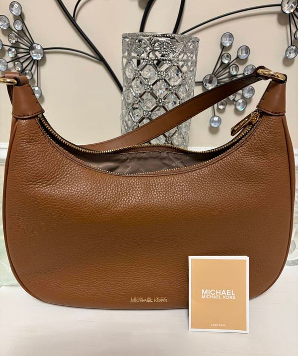 Bag - Michael Kors Brown Pebbled Hobo Shoulder Bag Zip Gold Hardware Lined Pockets