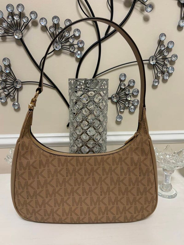 Bag - Michael Kors Medium Signature Monogram Zip Shoulder Bag Camel Gold Hardware