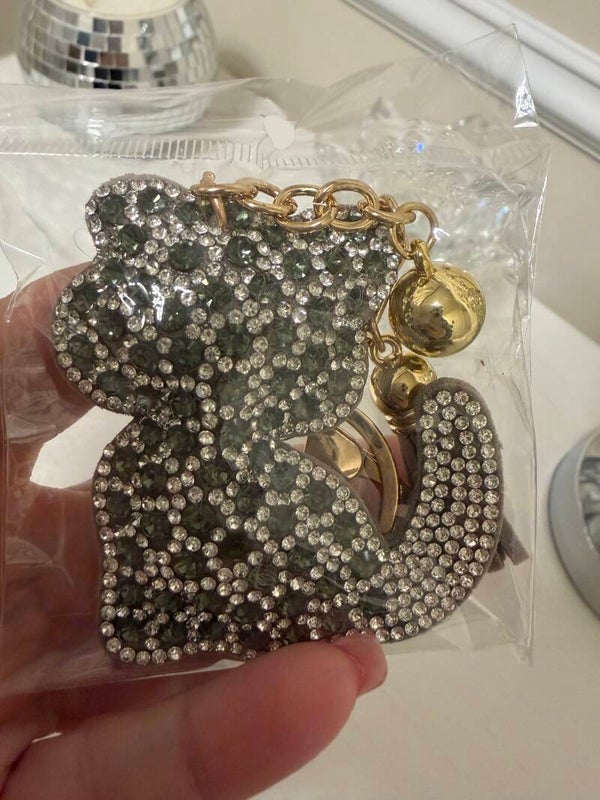 This & That - Rhinestone Kitty Bag Charm/Keychain Metal, Gold Clasp