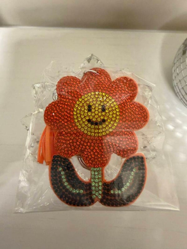 This & That - Orange Rhinestone Smiley Flower Bag Charm / Keychain Charm