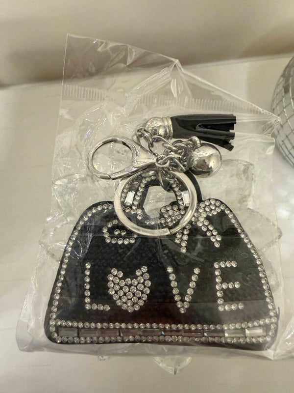 This & That - Black LOVE Rhinestone Acrylic Purse Keychain/Keyring, Detachable Keyring