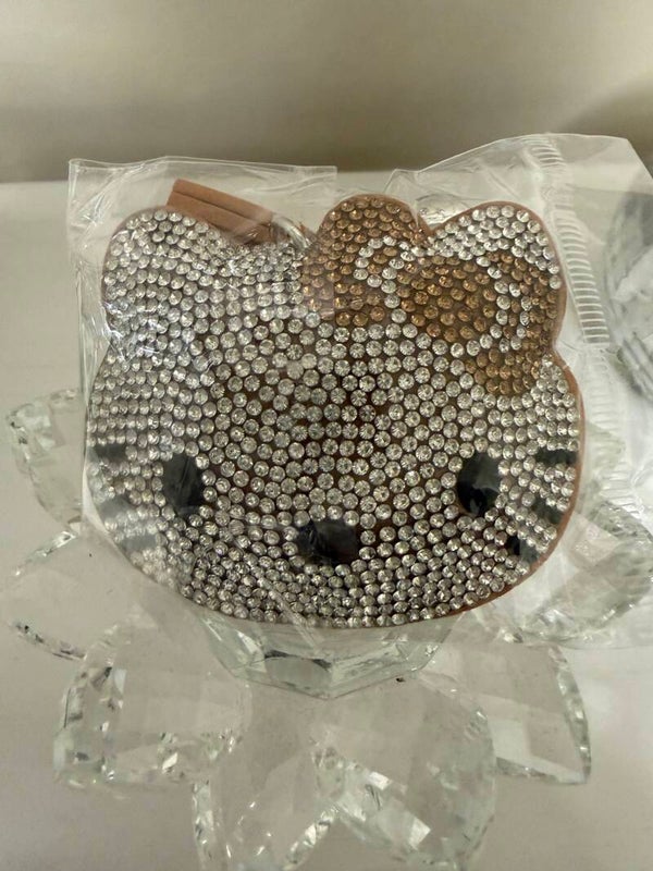 This & That - Hello Kitty Rhinestone Charm Key Chain Keyring, Silver & Brown Tone