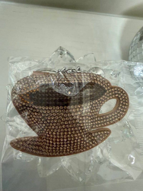 This & That - Brown Rhinestone Teacup Coffee Cup Charm Key Chain Keyring