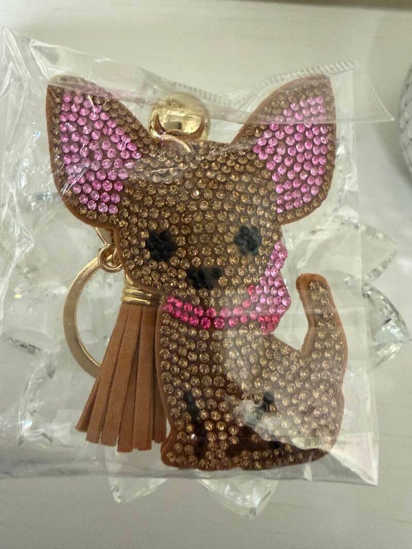 This & That - Rhinestone Chihuahua Keychain/Keyring w/ Tassel, Detachable Keyring Brown Pink