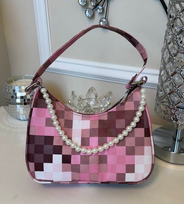 Bag - Pink Burgundy White Check Zip Shoulder Bag Beaded Accent Charm Small