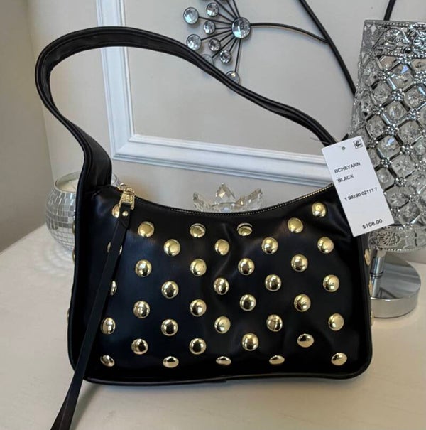 Bag - Steve Madden Black Studded Zip Shoulder Bag Gold Hardware Lined Inner Pockets