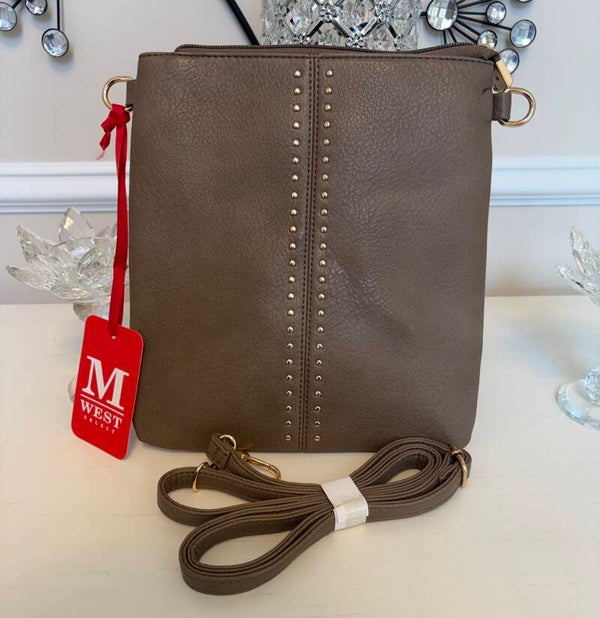 Bag - Montana West Brown Studded Zip Crossbody Bag Gold Hardware Detachable Strap Med