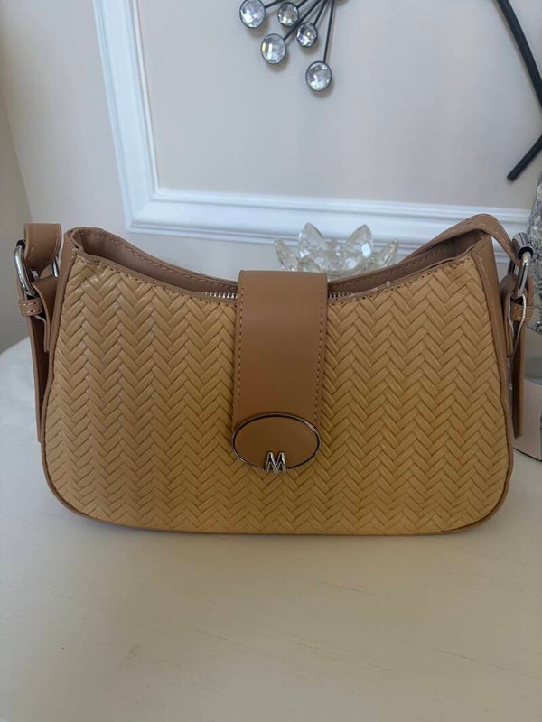 Bag - Tan Woven Zip Shoulder Bag Silver Hardware Adjustable Detachable Strap Small