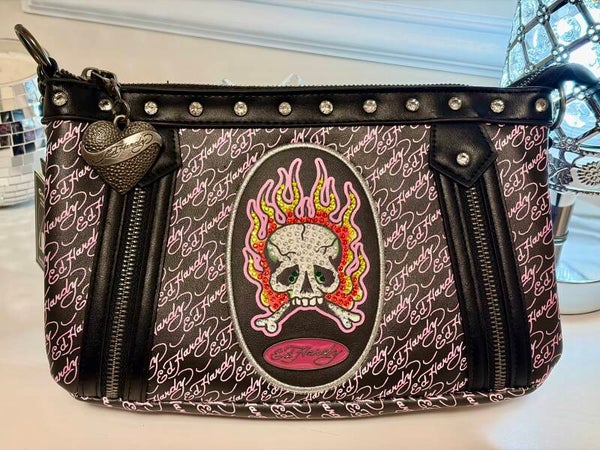 Bag - Ed Hardy Black Pink Skull Logo Studded Rhinestone Zip Shoulder Bag Pink Emblem