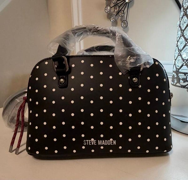 Bag - Steve Madden Black White Polka Dot Satchel Zip Top Bow Detachable Strap Lined