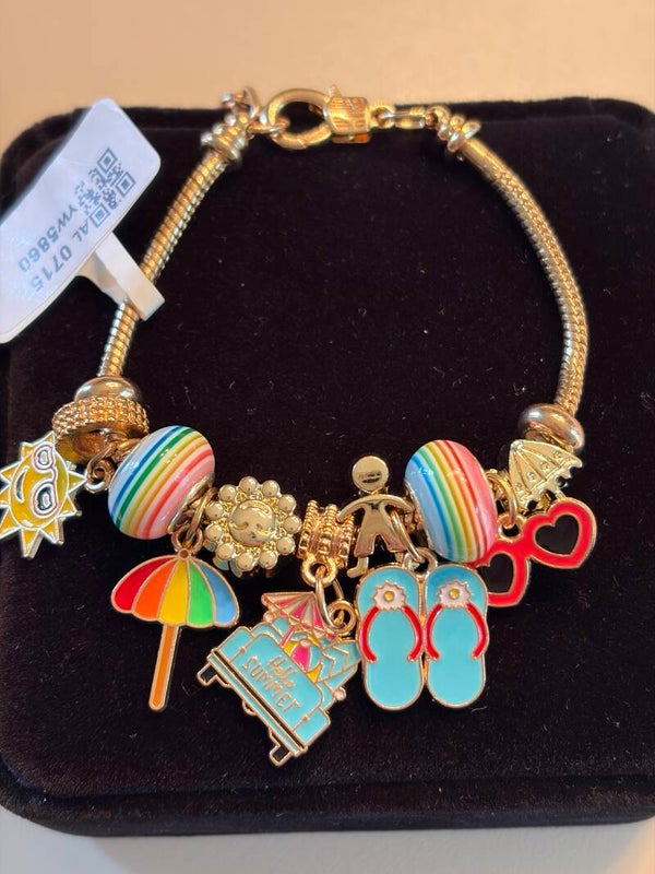 Jewelry - Gold Tone Beach Charm Bracelet Enamel Dangle Charms