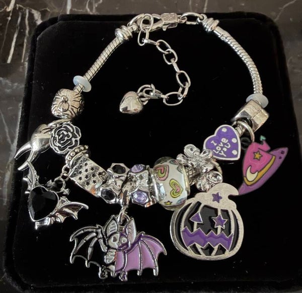 Halloween - Silver Tone Charm Bracelet Halloween Purple Pumpkin Dangle Charms Adjustable
