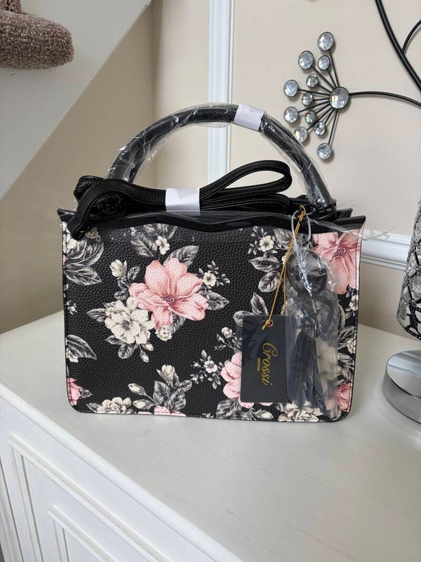 Bag - Guess Floral Print Zip Top Handle Satchel Black Pink Detachable Strap Pockets