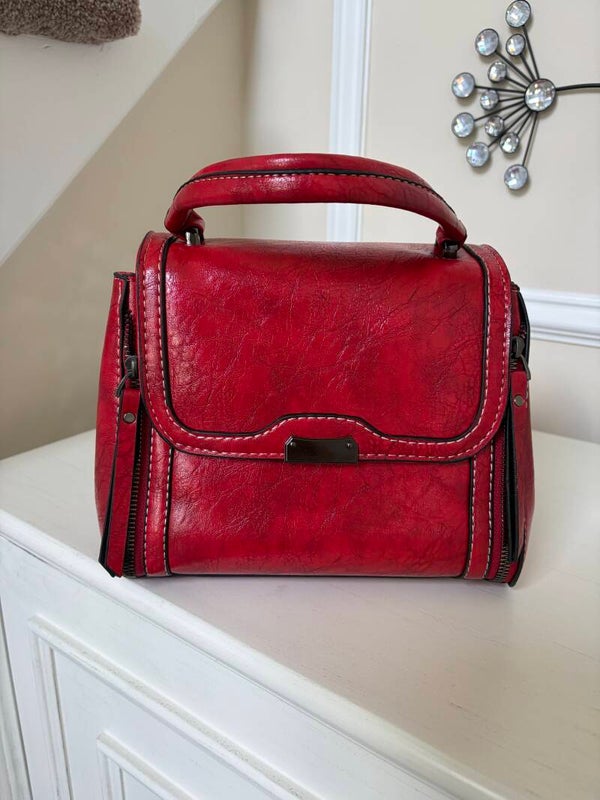 Bag - Red Satchel Top Handle Bag Gunmetal Hardware Adjustable Detachable Strap Zip