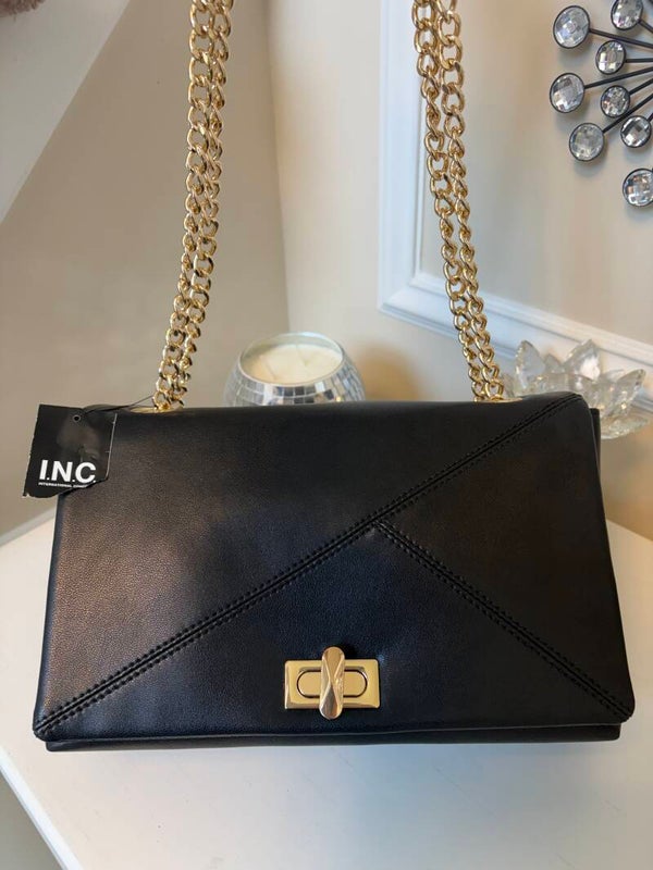 Bag - I.N.C. Black Shoulder Bag Gold Hardware Chain Strap Turn-Lock Medium