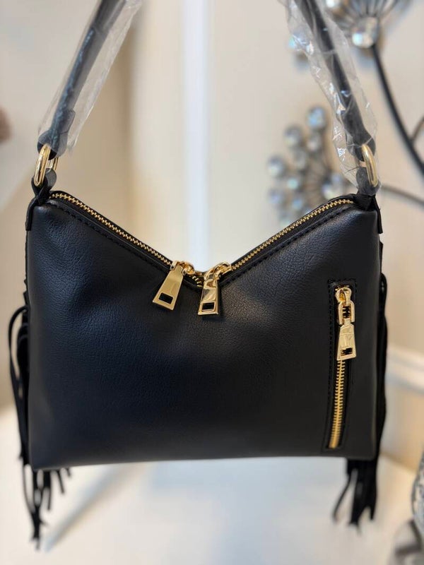 Bag - INC Black Fringe Zip Leather Shoulder Bag