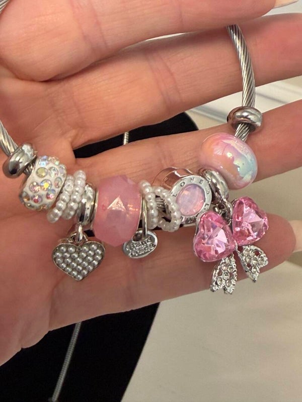 Jewelry - Silver Tone Pink Crystal Heart Necklace & Charm Bracelet Jewelry Set