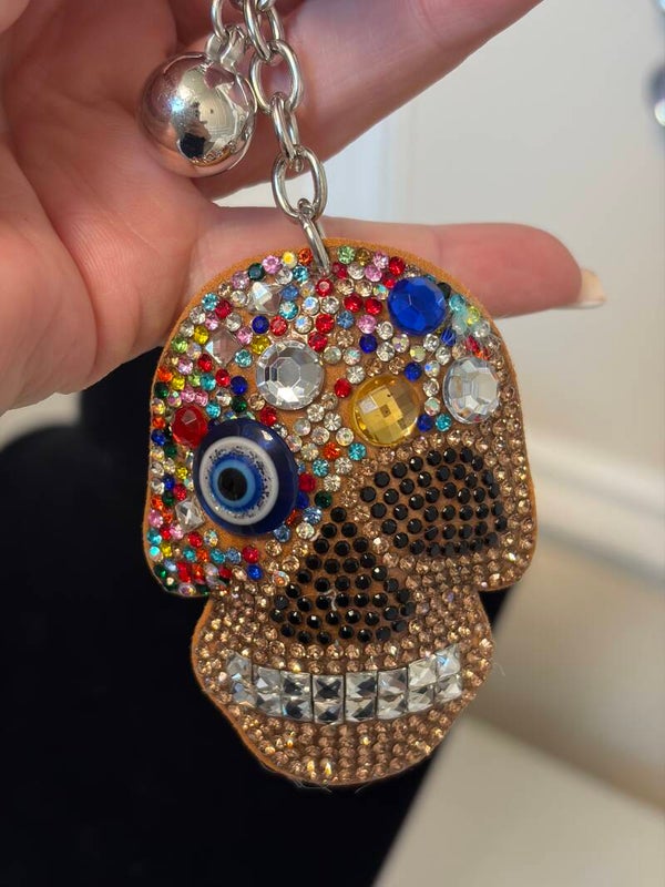 Halloween - Rhinestone One Eye Skull Metal Key Chain Keyring, Gold Tone Multicolor Bling Charm