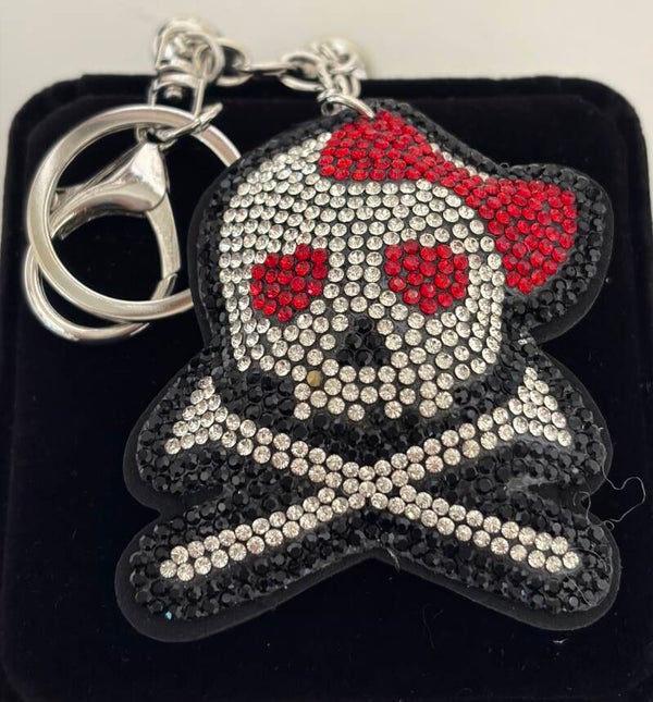 Halloween - Rhinestone Skull  Keychain Bag Charm, Red Bow Black Tassel