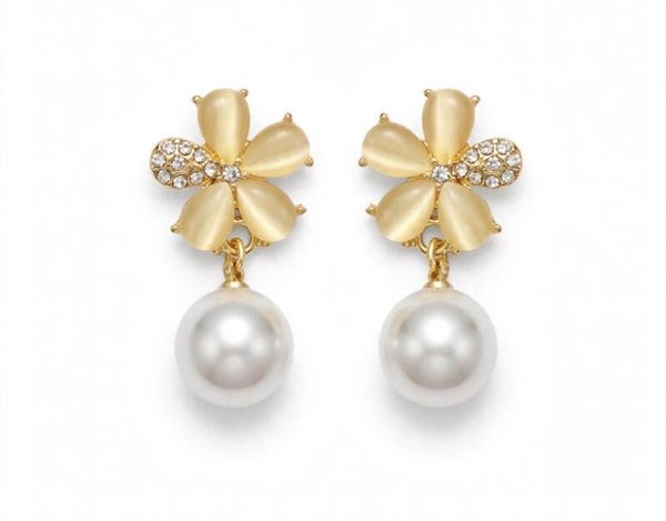 0405 Jewelry - Blossom Pearl Drop Earrings - Gold Flower with Pearl