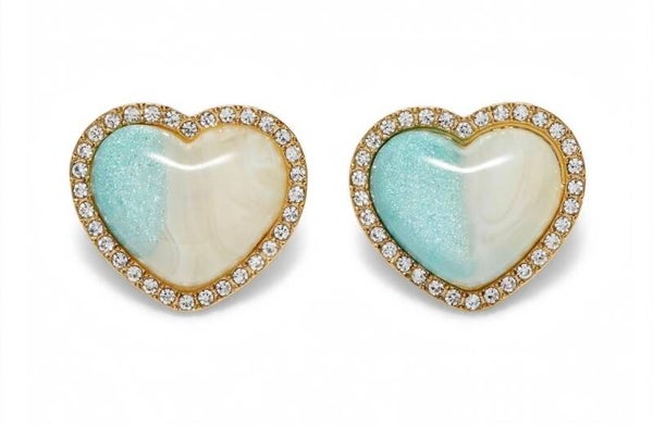 0406 Jewelry - Aqua & Pearl Heart Studs - Crystal Halo