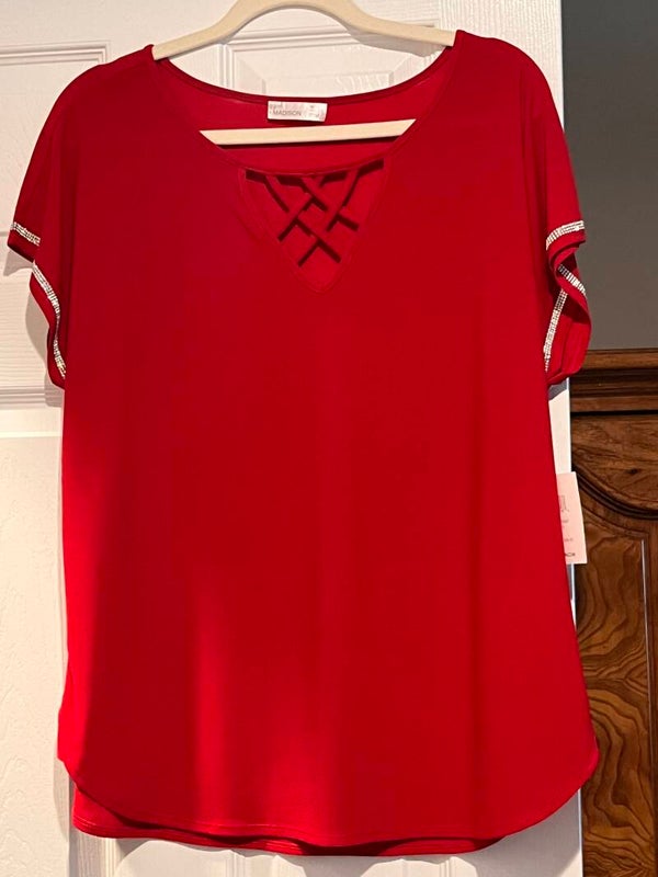 Clothing - Madison Red Rhinestone Criss Cross V Neck Size 1X Blouse