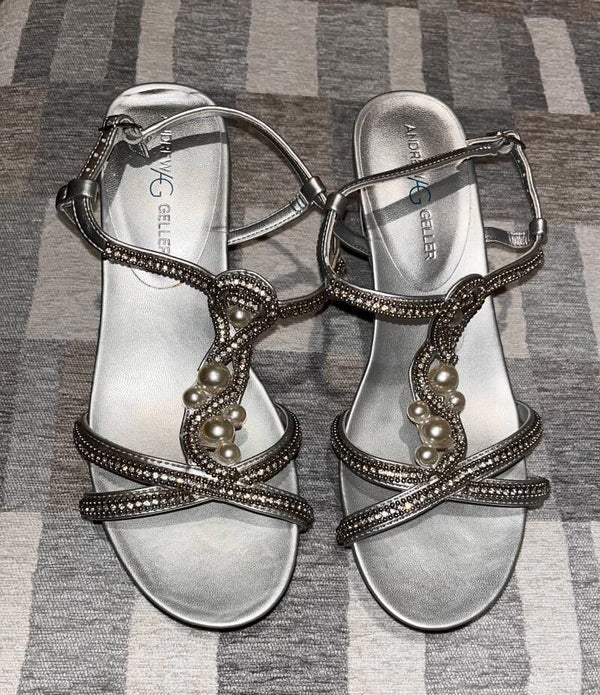 Shoes - Andrew Geller Silver Strappy Wedge Sandals Women’s 8 Rhinestone Pearl Buckle