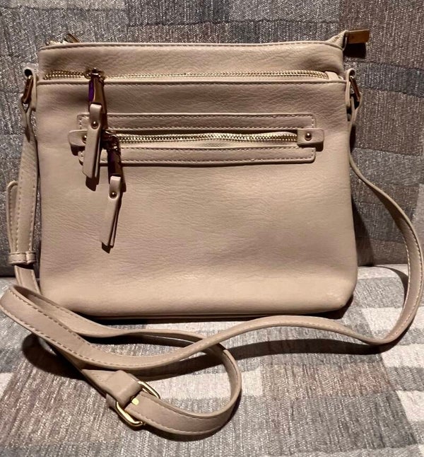 Bag - Beige Crossbody Bag Gold Hardware Zipper Accents