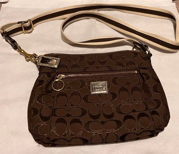 Bag - Coach Poppy Brown Logo Crossbody Bag Gold Hardware Zipper Logo Pink Lining