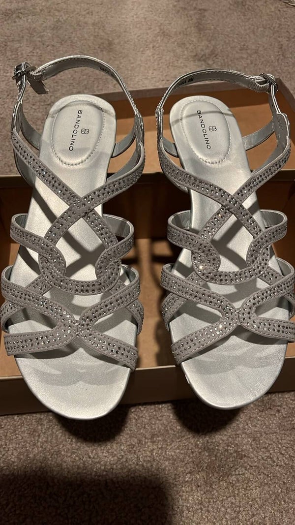 Shoes - Bandolino Silver Strappy Wedge Sandals Women’s 8 Rhinestone