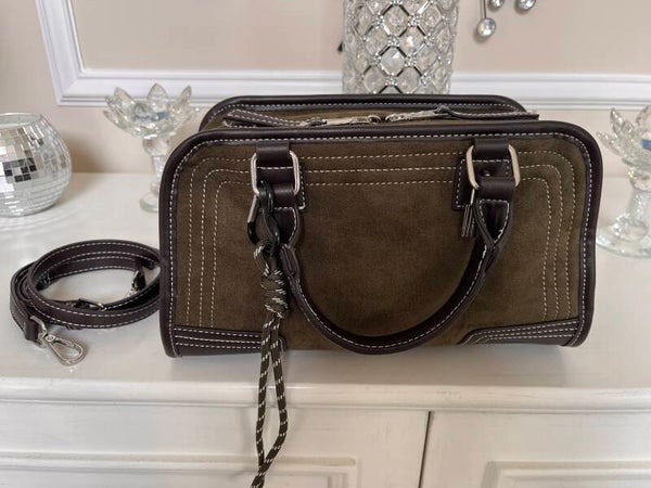 Bag - Green Brown Satchel Top Handle Bag Detachable Shoulder Strap