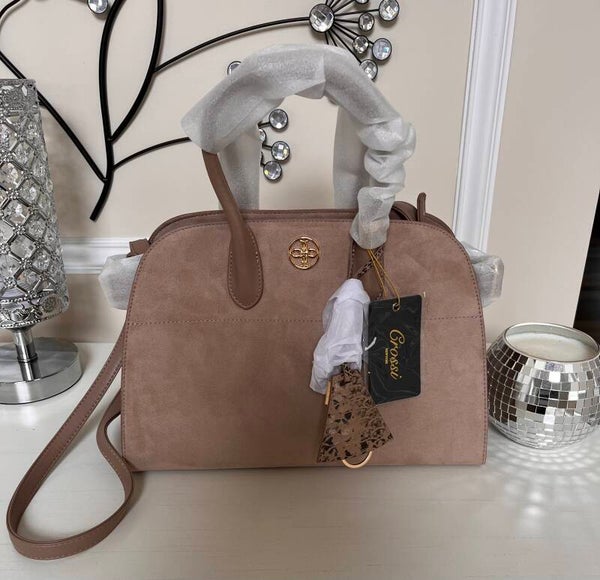 Bag - Crossi Taupe Satchel Top Handle Bag Detachable Strap Magnetic Gold Hardware