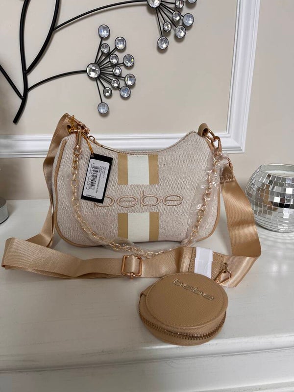Bag - bebe Beige Tan Logo Zip Crossbody Bag  Chain Strap Coin Purse