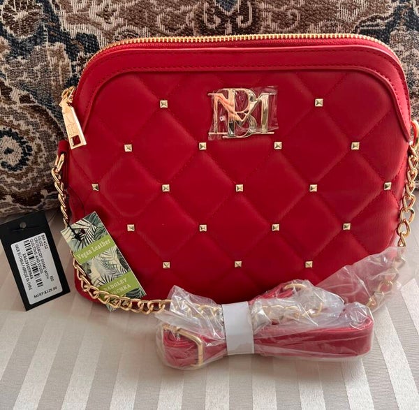 Bag - Badgley Mischka Red Quilted Crossbody Bag Gold Chain Zip Studded