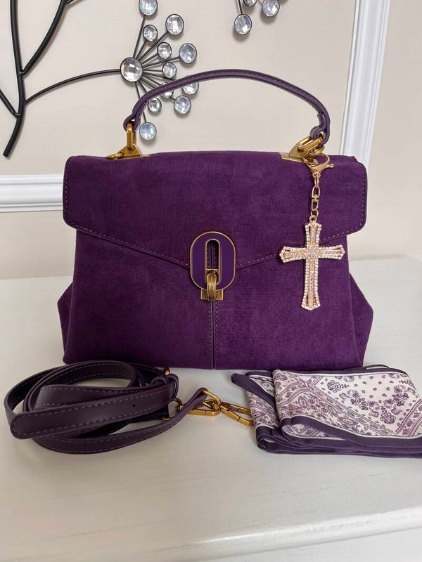 Bag - CKSO Purple Suede Top Handle Bag Detachable Strap