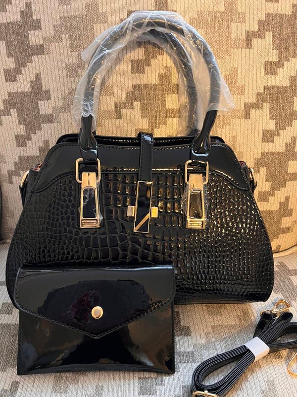 Bag - Black Croc Embossed Patent Satchel Top Handle Zip Chain Strap