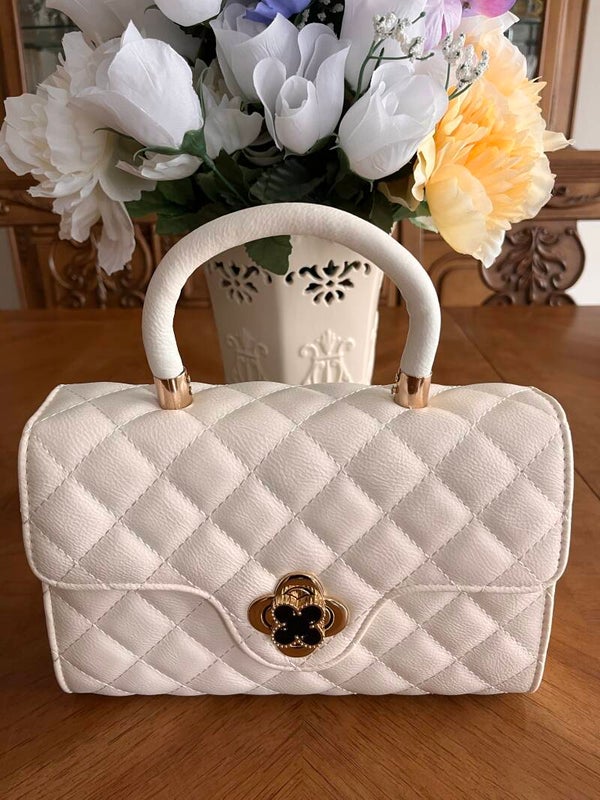 Bag - White Satchel Top Handle Bag Gold Hardware Floral Turn Lock