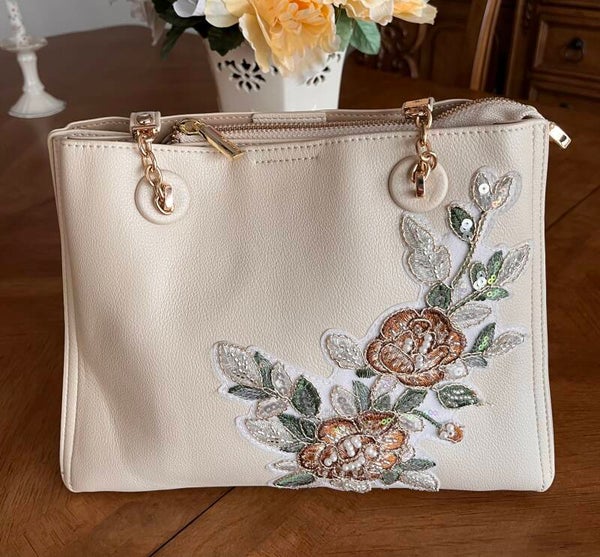 Bag - Beige Floral Shoulder Bag Embroidered Beaded Sequin Zip Gold