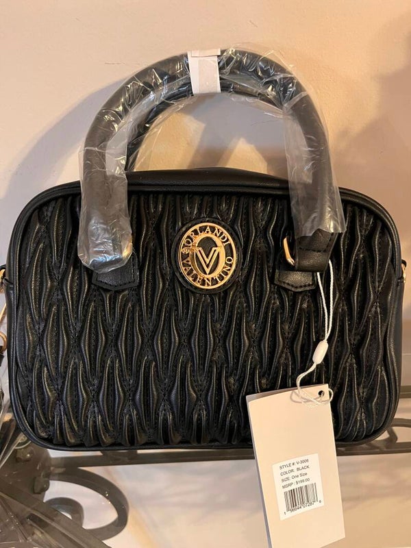 Bag - Valentino Black Quilted Logo Satchel Top Handle Zip Shoulder Strap Gold