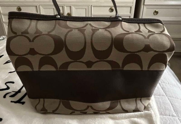 Bag - Coach Brown Beige Signature Logo Zip Satchel Purse