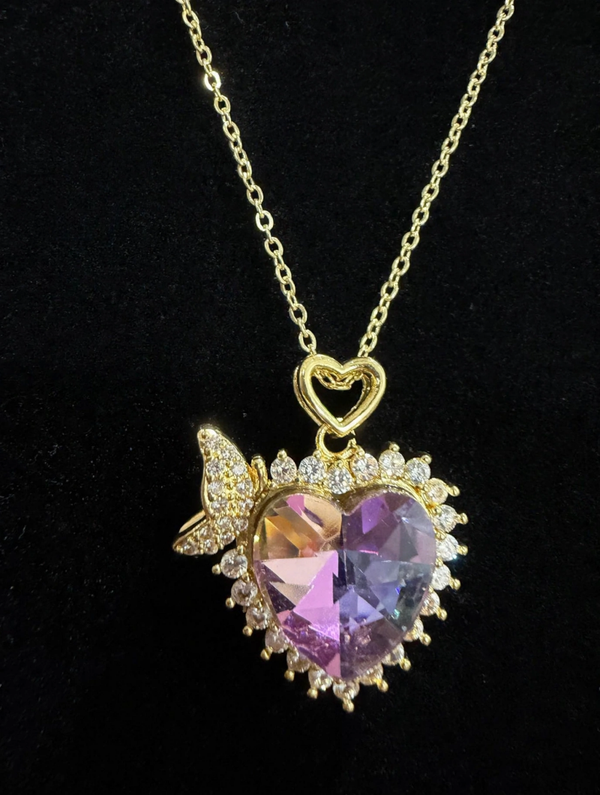 0150 Necklace - Gold Tone Rhinestone Purple Heart Pen dant Necklace Butterfly Charm
